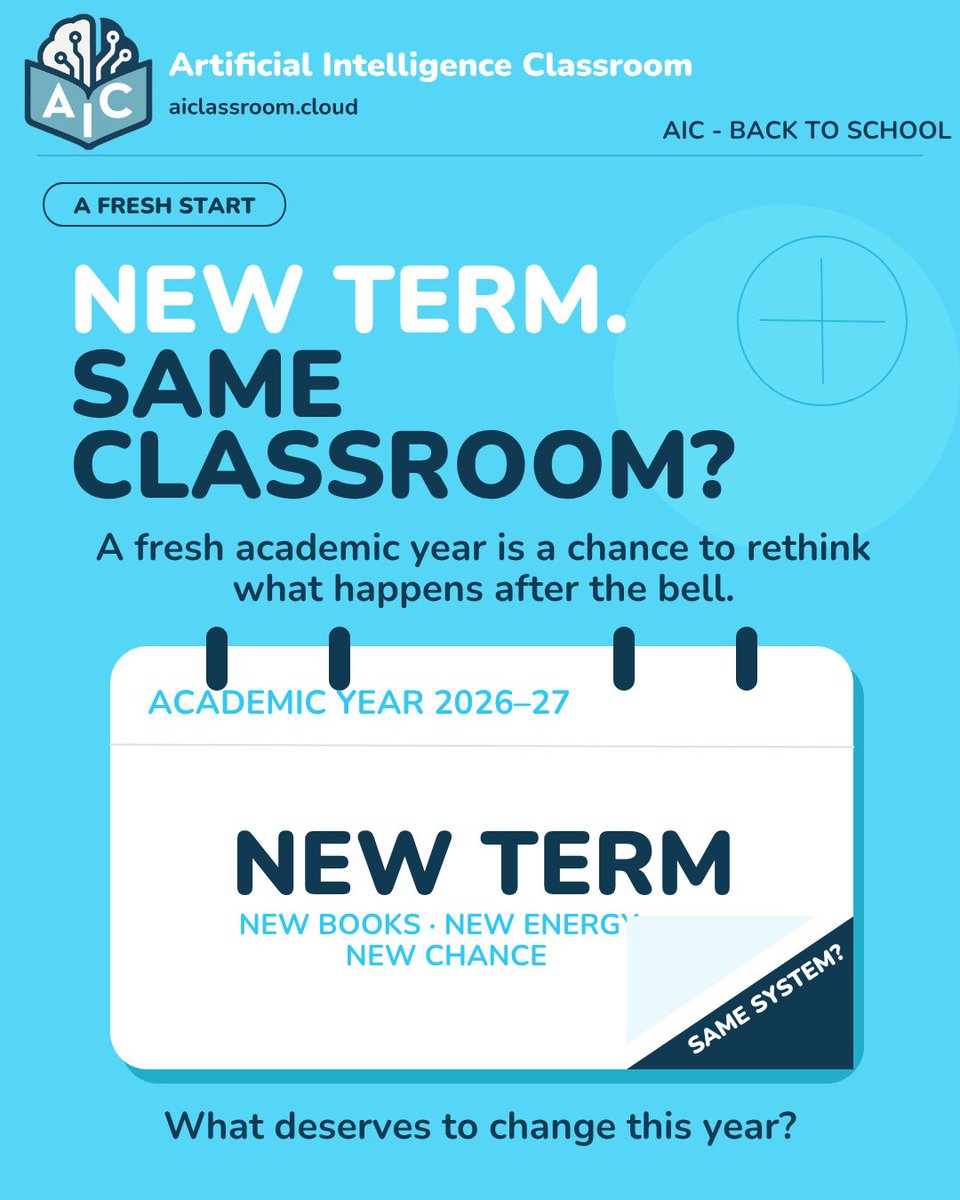 aiforclassrooms's tweet photo. New term! New books! New energy! But is the classroom itself changing? 
This August, let’s rethink what happens after the bell. ✌️ ⚙️ 
#AIC #BackToSchool https://t.co/9rlFhkFx3h
