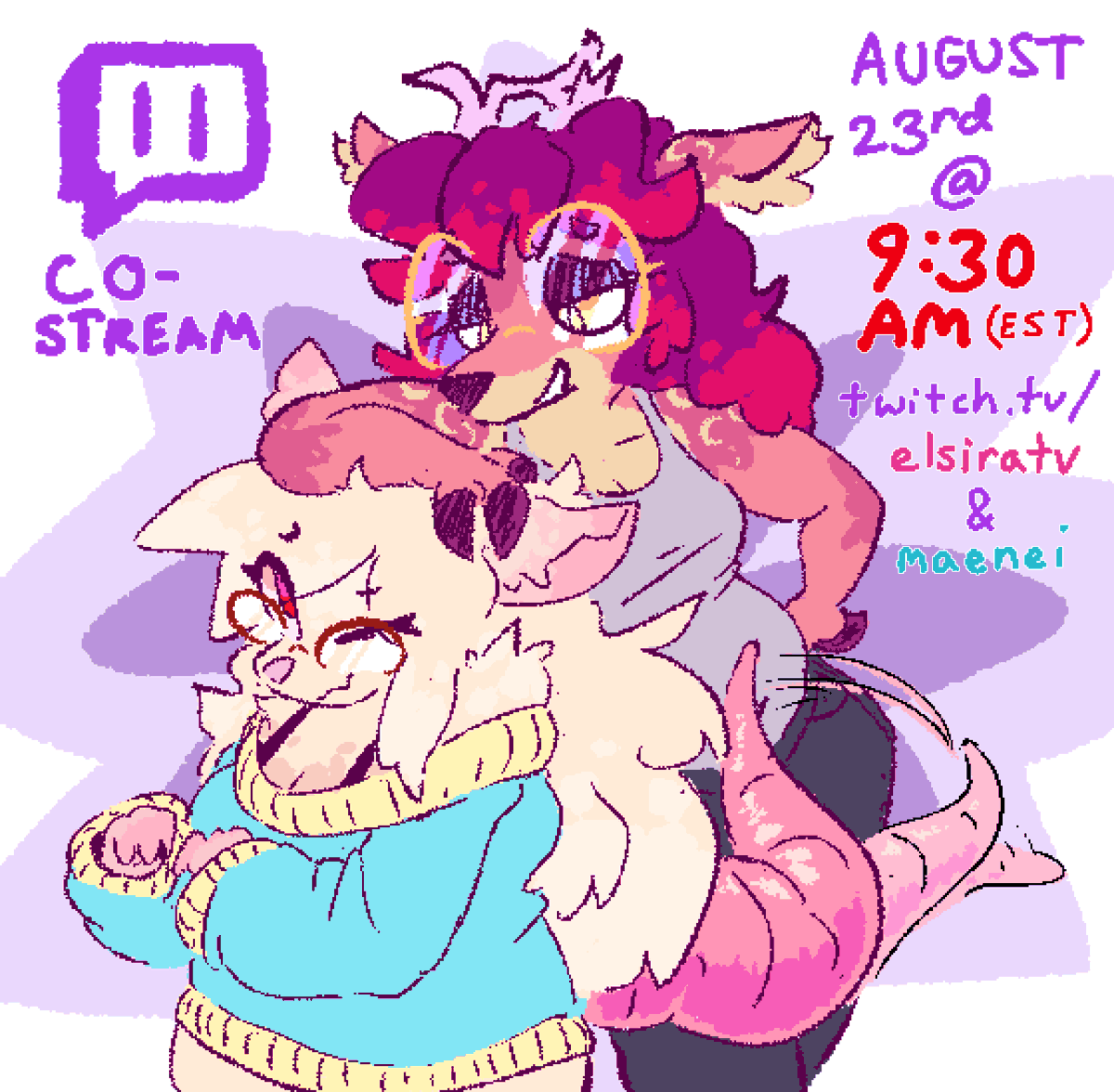 Elseera's tweet photo. i'll be streaming with the wonderful @maeneii on the 23rd at 9:30AM EST!! We'll be doodling, hanging out, and yappin lots :> drop in and say hi!!!! https://t.co/zEwaNZ9Hqm