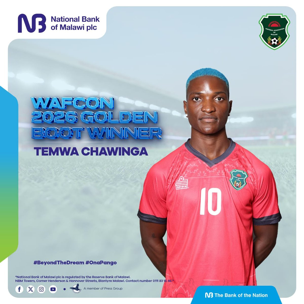 NBMplc's tweet photo. TEMWA CHAWINGA WINS THE GOLDEN BOOT๐ฅ
With 5 goals and 2 assists at WAFCON 2026, Temwa Chawinga has claimed the Golden Boot and made Malawi proud on the continental stage. What a performance from our star striker. Congratulations, Temwa!
#OnaPango
#WAFCON2026 https://t.co/Gl59MVQcCR