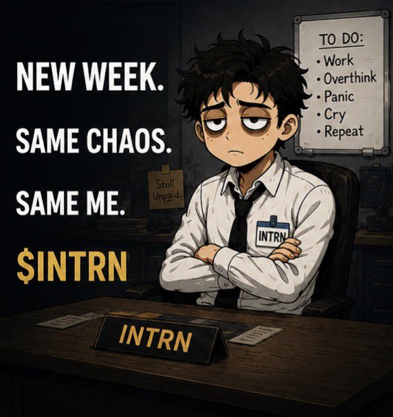 UnpaidInternSOL's tweet photo. • Another week. Another survival mission.

Unpaid. Overworked. Unbothered.

We built different.

$INTRN

#INTRN #UnpaidIntern #StillUnpaid
#WorkHardCryHarder #Solana #memecoin #crypto https://t.co/iYse8JJsW0