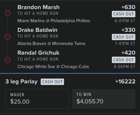 TheHome_RunKing's tweet photo. 🚨 3 Leg HR Parlay 🚨

Marsh +630 
Baldwin +330 
Grichuk +420

+16222. Nobody's got this one on their card. ⚾️🔥 https://t.co/8KzIyiDBhA
