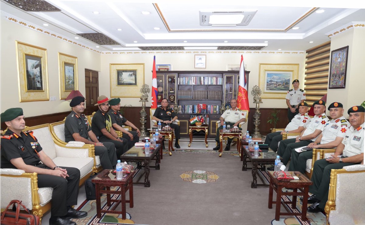 kaidensharmaa's tweet photo. Indian Army Chief Gen Dhiraj Seth held a courtesy meeting with Nepal Army chief Gen Ashok Raj Sigdel at the Army Headquarters. 

The two military chiefs focused their discussions on strengthening bilateral ties and issues of mutual interest. #IndianArmy https://t.co/FaLJ5O7phE