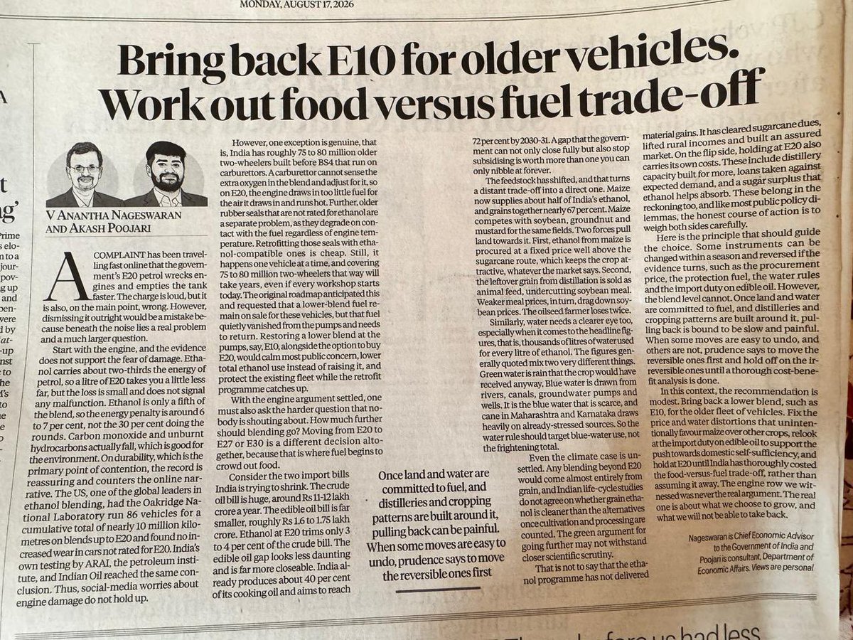 ArvindKejriwal's tweet photo. Chief Economic advisor of Modi Govt advocates E10 for older vehicles. 

Will Modi ji listen? Or will he replace the Chief Economic Advisor as he always does to dissenting voices? https://t.co/TxqAuYSaBx