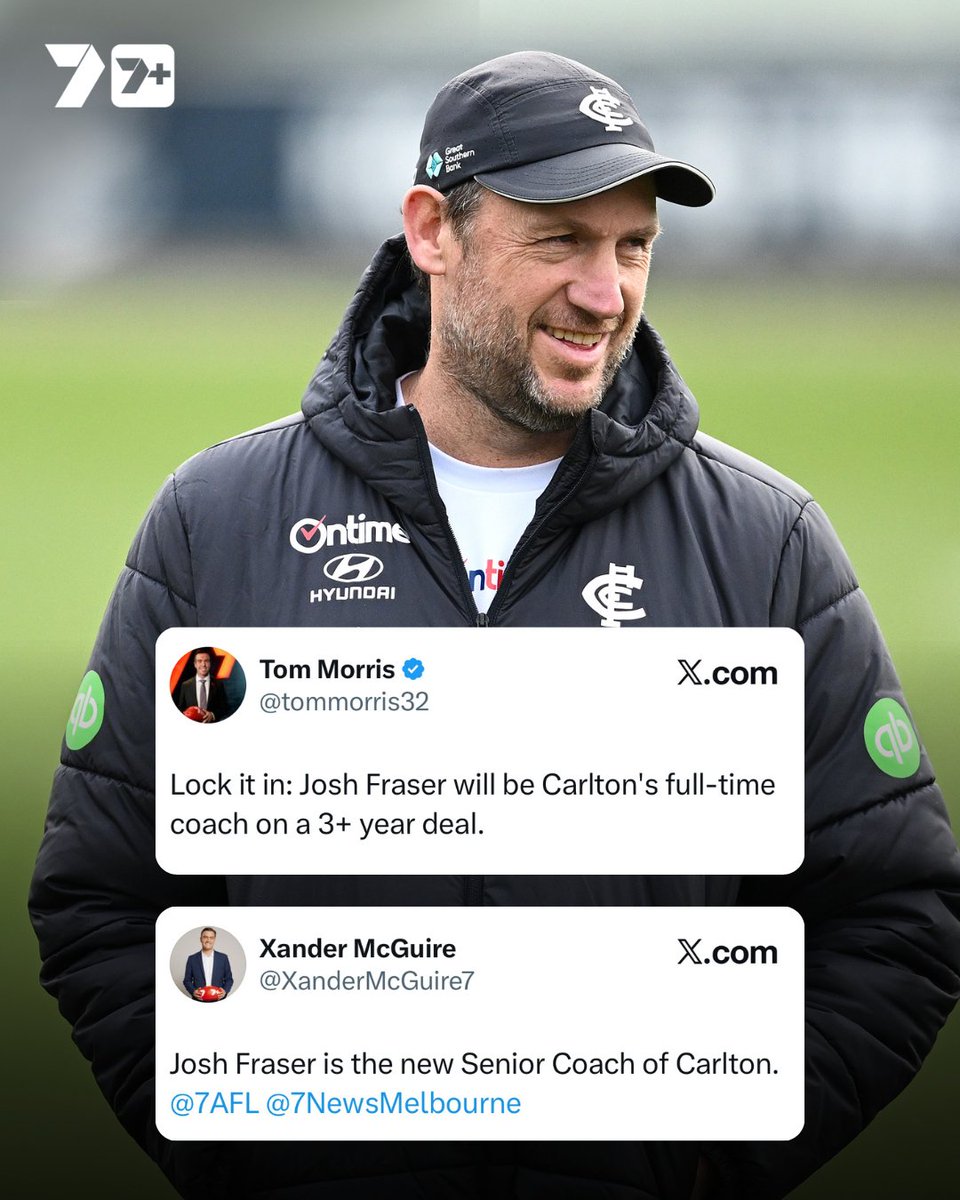 7AFL's tweet photo. FRASE-BALL CONFIRMED ✅

Carlton has appointed Josh Fraser as senior coach, per Tom Morris and Xander McGuire. https://t.co/LOMDJwN3sU