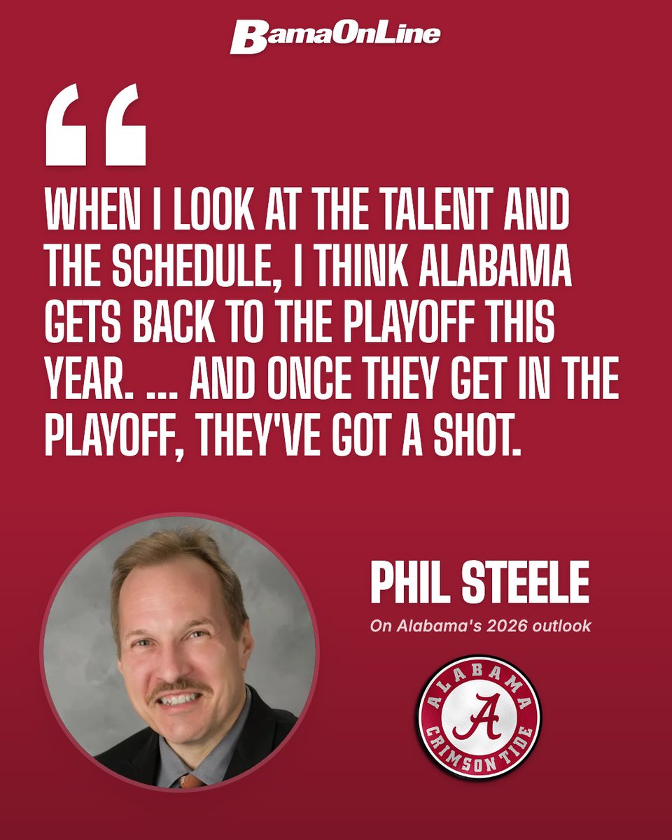 Charlie_Potter's tweet photo. .@philsteele042 has Alabama as his No. 1 surprise team for 2026.

He details why with @BOL_On3.

"I think they do have the talent, and I think they will be much better than people anticipate this year."

🔗 https://t.co/Bzyt4VppHE (On3+) https://t.co/PhcwYTdLT2