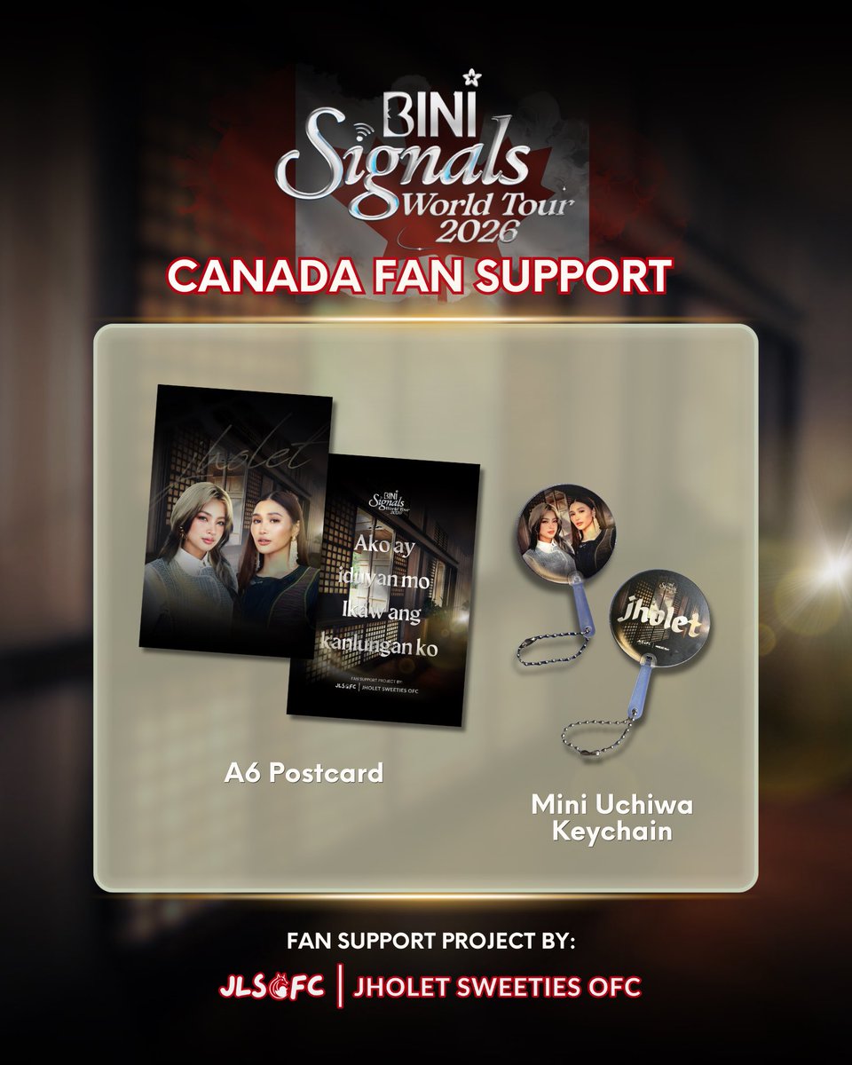 jholet_sweeties's tweet photo. Sweeties! Grabe, ang bilis ng panahon — this September marks JLSOFC's 5th Anniversary! And with that, we are bringing our exclusive JHOLET freebies to Canada for BINI's Signals World Tour 2026. 

Huwag mahiya, lapit lang! Come find us and say hi to claim your postcards and mini uchiwa keychain. We have lots to give away.

🛜 2:1 ratio (until supplies last)
🛜 Like, share and RT this post
🛜 Follow us on our socials

📍 Queen Elizabeth Theatre, Vancouver
📍 Grey Eagle Event Centre, Calgary
📍 Canada Life Centre, Winnipeg
📍 The Bowl at Sobeys Stadium, Toronto
🗓️ August 18, 21, 24, 27

Kita-kits, Sweeties! See you in Vancouver, Calgary, Winnipeg, and Toronto — dalhin niyo na 'yang energy niyo #ParasaJHOLET #ParasaBINI! Don't forget to snap photos of your freebies and tag us at @jholet_sweeties 💙💚

#JHOLETSweetiesYear5
#JLSOFC5thAnniversary
#5YearswithJHOLET