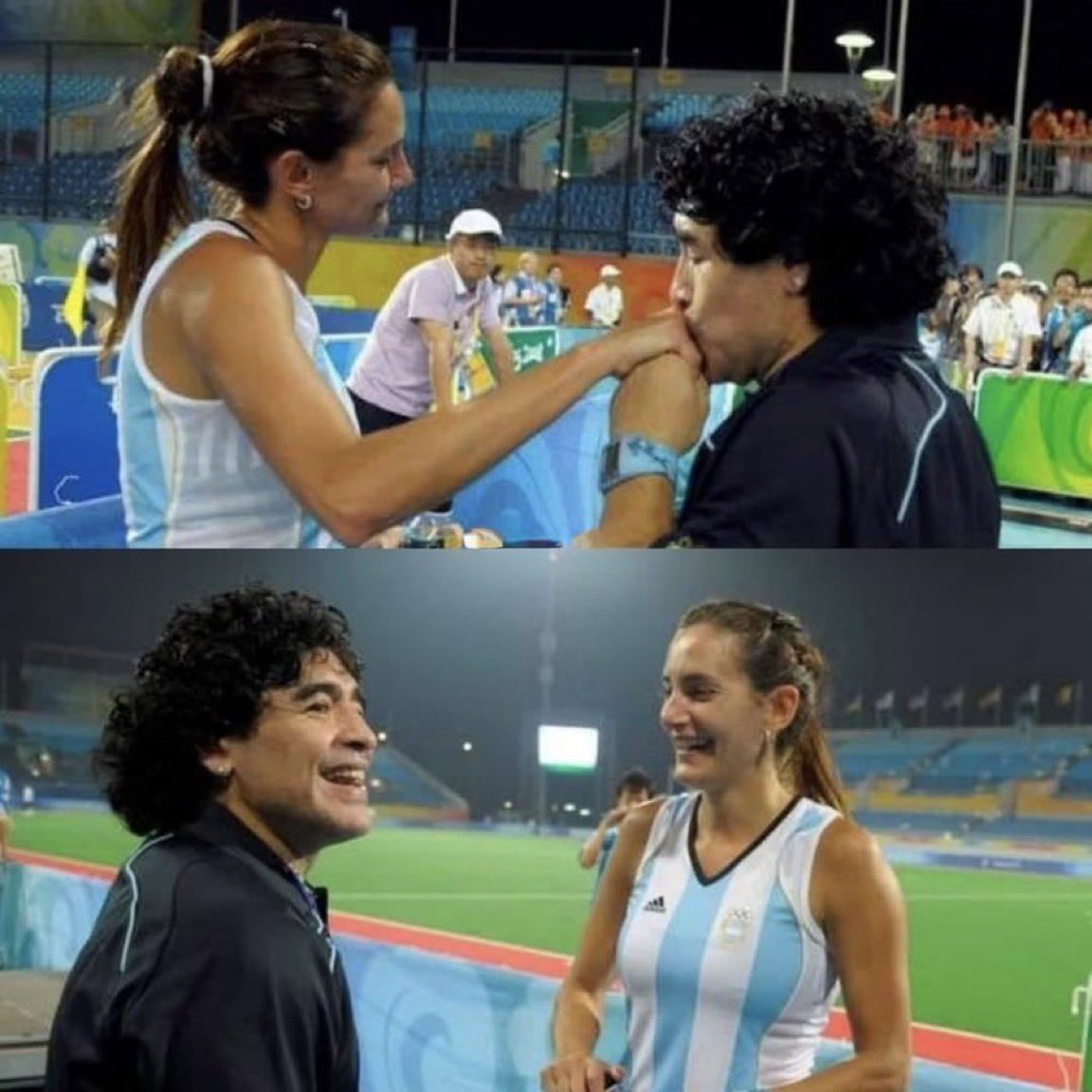 DiegoArchives's tweet photo. LUCIANA 'LUCHA' AYMAR: “Nosotras teníamos la ilusión de que Diego vaya a algún partido porque sabíamos que iba al Juego Olímpico."

"Él llegó cuando el partido contra Holanda ya estaba comenzado y al estadio no le importó más el partido de hockey. Se escuchaba ‘Diego, Diego’. Nosotras nos empezamos a dar vuelta porque todo el mundo se levantaba y no entendíamos qué pasaba."

"Se quedó alentando todo el partido, nosotras terminamos perdiendo ese día. Y fue al vestuario a hablar con las chicas, yo justo no estuve en ese momento, porque me tocó doping, me quería morir."

"Él nos decía que no pasaba nada, que mañana teníamos que salir a ganar la de bronce."
Me acuerdo que le digo a la médica que estaba conmigo: ‘Escuchame una cosa, acá está Diego Maradona y yo no me voy a ir sin saludarlo, así que vení conmigo y hago pis cuando pueda’. Íbamos las dos corriendo por el pasillo, ella también quería ver a Diego."

Cuando llego, me llevo la sorpresa de que me estaba esperando en la parte de prensa y me dice:
‘¡Te estaba esperando para saludarte! ¡Quiero las zapatillas rosas para Claudia!’ Tenía solo un par, pero se las di. Una cantidad de emociones…”.