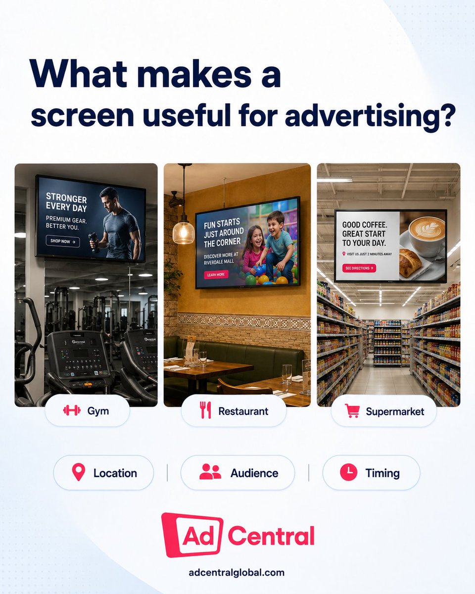 adcentralglobal's tweet photo. A screen in a gym reaches a different audience from one in a restaurant or supermarket.

Where the screen is, who is likely to see it, and when they are there all matter.

AdCentral helps advertisers find screens that fit their campaign. https://t.co/ZbnccjcAFk