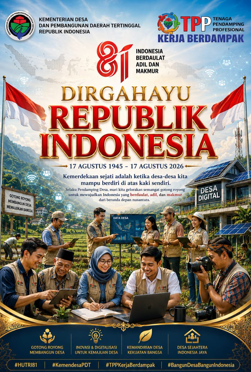 Irma0676's tweet photo. DIRGAHAYU REPUBLIK INDONESIA, Dari desa Kita jaga dan bangun negeri dengan seluruh jiwa raga untuk kemakmuran bangsa
@prabowo
@YandriSusanto27
@ArizaPatria
@kemendespdt
@bpsdmkemendesa
#KibarkanMerahPutih
#HUTRIKemendesaPDT
#DesaBerdayaWargaSejahtera
#BangunDesaBangunIndonesia https://t.co/ztLOmLKqmv