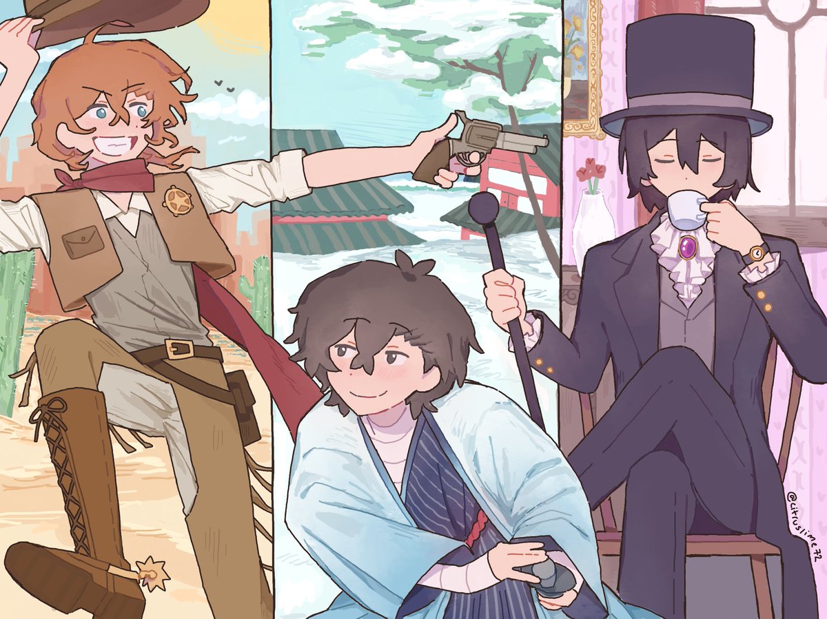 citruslime72's tweet photo. recently I learned that there was a period in the 1860s where cowboys samurais and victorian england all coexisted like someone PLEASE do something with this information 😭😭
#skk #fyodor #dazai #chuuya https://t.co/VwGVtLROo3
