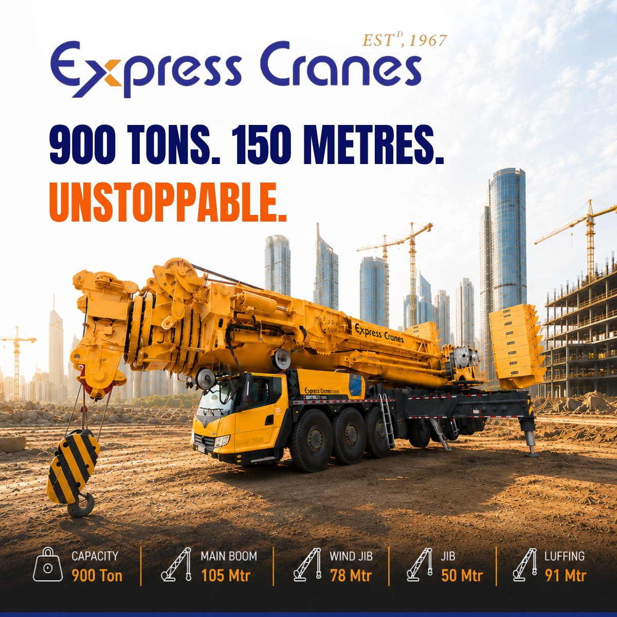 ExpressCra61360's tweet photo. 🏗️ When projects get bigger, lifting capability needs to rise with them.

With 900T capacity, 105m main boom, 78m wind jib, 50m jib &amp; 91m luffing capability, this machine is built for demanding heavy-lift operations.

#ExpressCranes #900Ton #HeavyLifting #MegaProjects https://t.co/44GVOPdLxZ