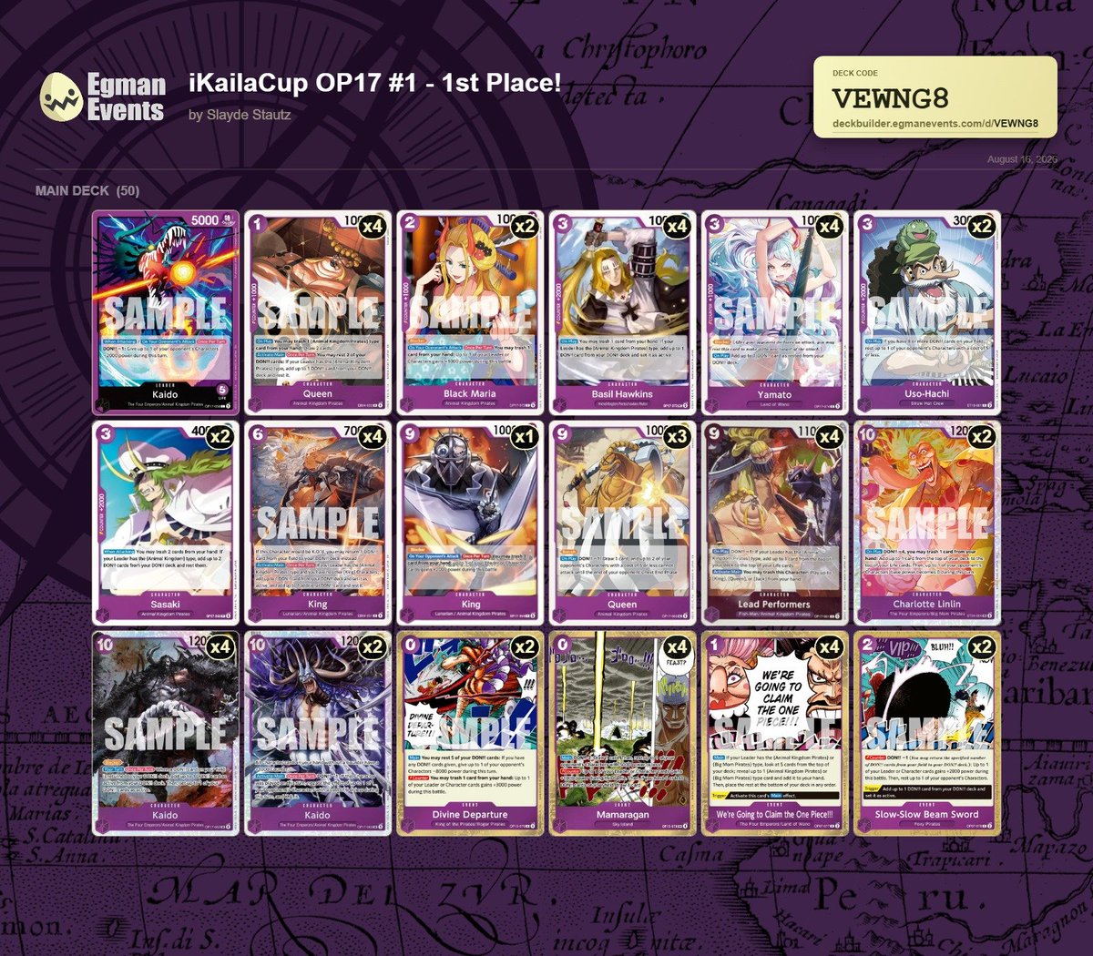 ikailakai's tweet photo. Thank you to everyone who participated and watched the first #iKailaCup! PURPLE KAIDO takes down the competition with the good old Ramp and Big Boys

🥇 Purple Kaido
🥈 Purple Enel
🥉 Green Mihawk

All decklists from the tournament can be found in the link below on @EgmanEvents

https://t.co/9ZgTb6EqtA