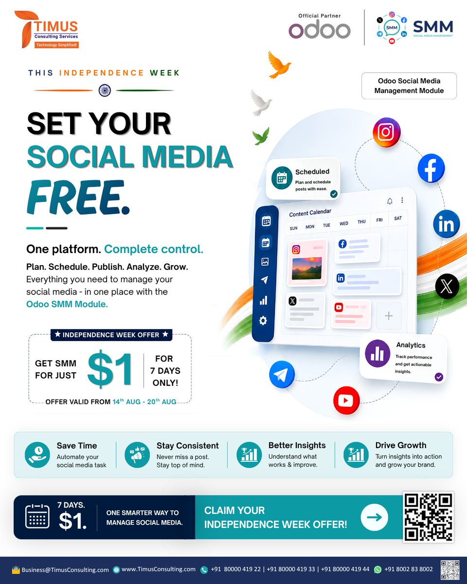 TimusServices's tweet photo. This Independence Week, set your social media free! 🚀

Plan, schedule, publish, analyze &amp; grow - all from one place with the Odoo Social Media Management Module.

🎉 Get SMM for just $1 for 7 days

📅 14-20 August only

#SMM #Odoo #SocialMediaManagement https://t.co/FiVwZj0t7B