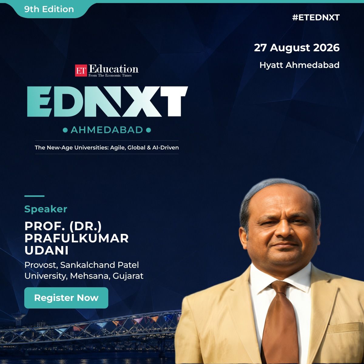 spuvsn's tweet photo. We are thrilled to announce that our esteemed Provost, Prof. (Dr.) Prafulkumar Udani, will be representing Sankalchand Patel University as a featured speaker at the 9th Edition of ET Education EDNXT Ahmedabad 2026! 🚀
#SankalchandPatelUniversity #SPU #EDNXTAhmedabad #ETEDNXT https://t.co/qj2Sswxl9t