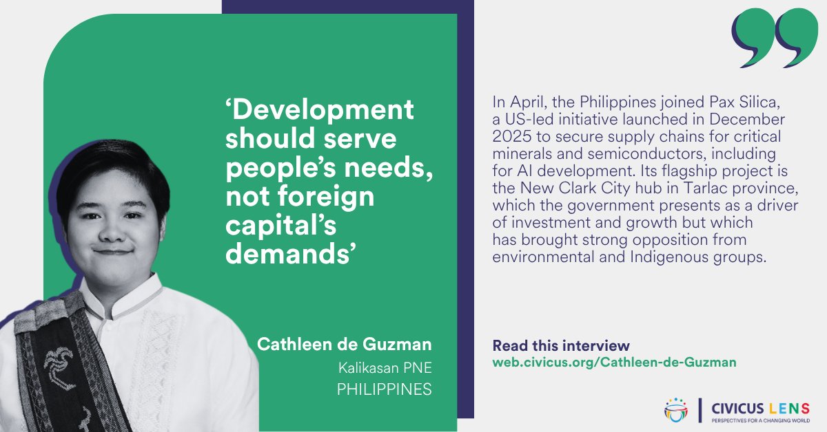 CIVICUSalliance's tweet photo. #Philippines' mining boom driven by AI demand is putting communities and the environment at risk. Cathleen de Guzman of @KalikasanPNE warns that the US-led Pax Silica project is threatening Indigenous lands and water resources in Tarlac.

🔗 https://t.co/OYJNkFhmcY

#CIVICUSLens https://t.co/yWQoXplpXC