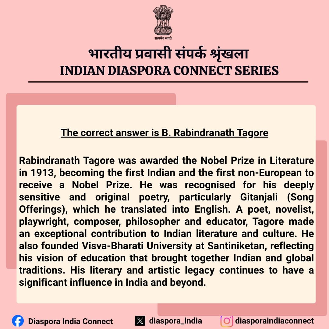 diaspora_india's tweet photo. Dear #PravasiBharatiyas, here is the correct answer for the question: who was the first Indian to receive the Nobel Prize?
#IndiaConnect #IndianDiaspora #IndianHeritage #IncredibleIndia https://t.co/Y9gco0zWHF