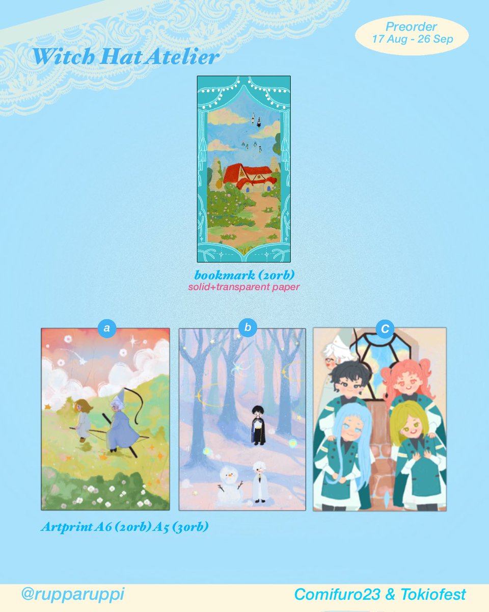 rupparuppi's tweet photo. (RT &amp; Like are appreciated🫶🏻)
this is my #CF23 &amp; #Tokiofest PO!

Aug 17 - Sep 26 2026
Both days 
⭐️original, witch hat atelier, frieren, minky momo, RE
💌Local Indo &amp; int’l order available

LINK BELOW https://t.co/N6iopX2dd4