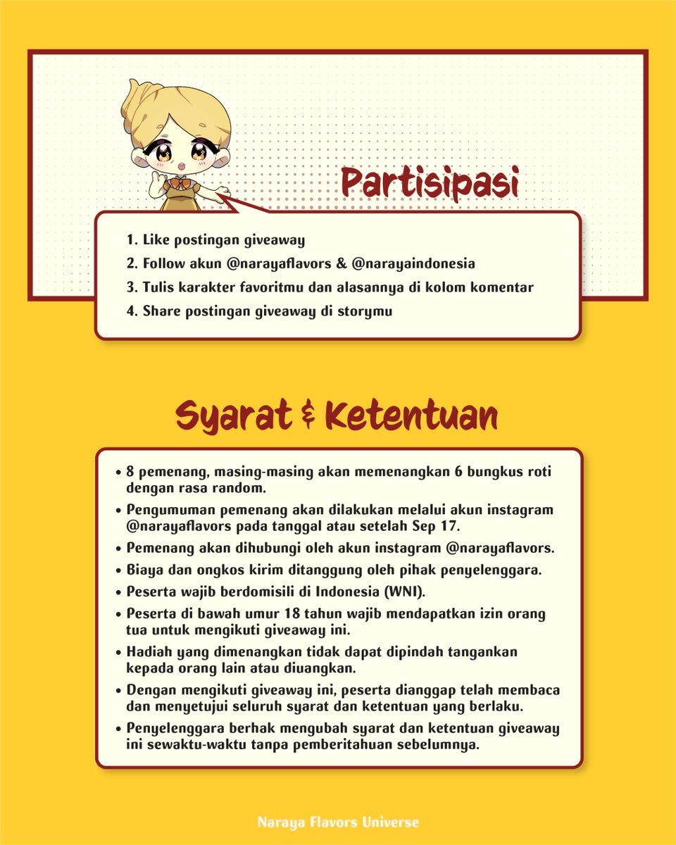 NarayaFlavors's tweet photo. 🎁 GIVEAWAY TIME🎁

Yuk ikutan giveaway Naraya Flavors dalam rangka merayakan Kemerdekaan Indonesia yang ke-81🇮🇩

Menangkan 10 bungkus Naraya Ikawa Toast, untuk 8 pemenang

⏰ Periode giveaway:
17 Agustus-17 September 2026

*Syarat dan ketentuan berlaku. https://t.co/y8GScdfwzZ