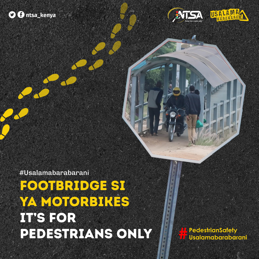 ntsa_kenya's tweet photo. Footbridge si ya nduthi! 🚫🏍️
Footbridges are for pedestrians only. Let’s keep them safe for everyone walking.
#StepsToZero #UsalamaBarabarani #Pedestriansafety #NTSAServes https://t.co/c9uxcRNYe8
