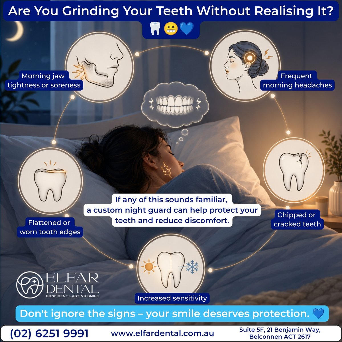 ElfarDental's tweet photo. Are you grinding your teeth without realising it? 🦷
Signs to watch for:
✅ Morning jaw tightness
✅ Frequent morning headaches
✅ Worn or flattened teeth
✅ Increased sensitivity
✅ Chipped or cracked teeth
A custom night guard can help protect your smile.
#elfardental https://t.co/LoLNx3GChF