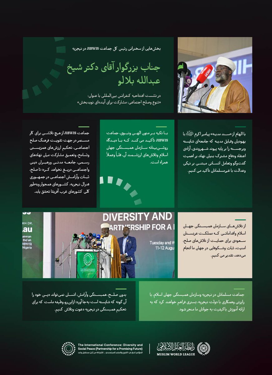 mwlorg_fa's tweet photo. بخش‌هایی از سخنرانی جناب شیخ دکتر عبدالله بلالو، رئیس کل جماعت JIBWIS در جمهوری فدرال نیجریه، در جریان آغاز ابتکار سازمان همبستگی جهان اسلام برای صلح اجتماعی در غرب آفریقا: https://t.co/XGKGI1K1nn