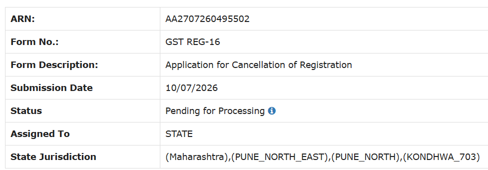itsmeakshay7's tweet photo. @Infosys_GSTN 
ARN- AA2707260495502

Applied for cancellation of GST Registration 38 days ago, but there has been no response or update yet. Kindly look into the matter and process the cancellation at the earliest. #GST https://t.co/MYvfLDxH4b