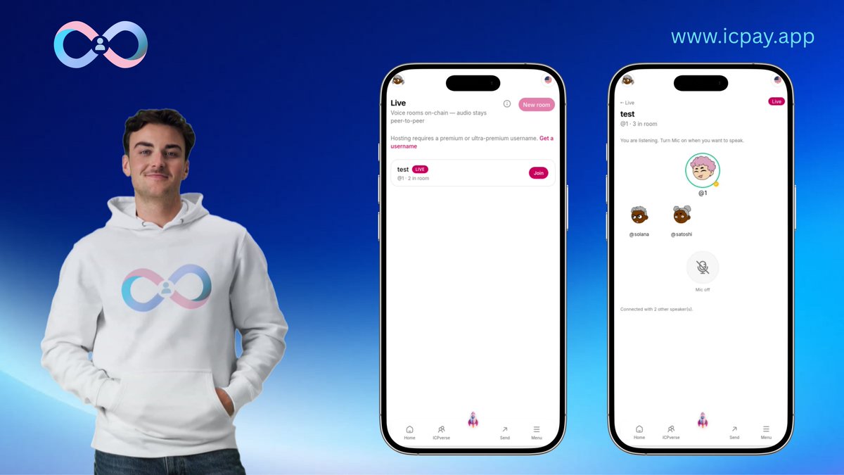 IcpayOfficial's tweet photo. ICPay Live is live 🎙️

Voice rooms on the Internet Computer — signaling on-chain, audio peer-to-peer.

Join a room. Listen instantly. Speak when you’re ready.

Try it → https://t.co/lGgKWv0bx5 internet-computer:native 

#ICP #InternetComputer #Web3 #ICPay #LiveAudio https://t.co/GRTGs1F1ok