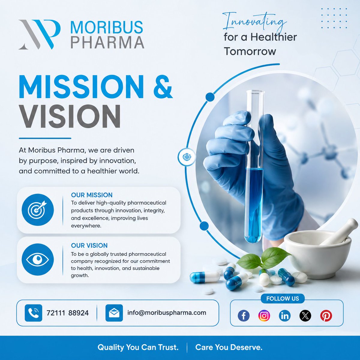 moribus_pharma's tweet photo. Together, we’re building a healthier future.

📞 72111 88924
📧 info@moribuspharma.com
#MoribusPharma #MissionAndVision #Pharmaceuticals #Healthcare #PharmaIndustry #HealthcareInnovation #Innovation #Quality #BetterHealth #HealthcareSolutions #PharmaCompany #HealthyTomorrow https://t.co/vX8RFVbjfL