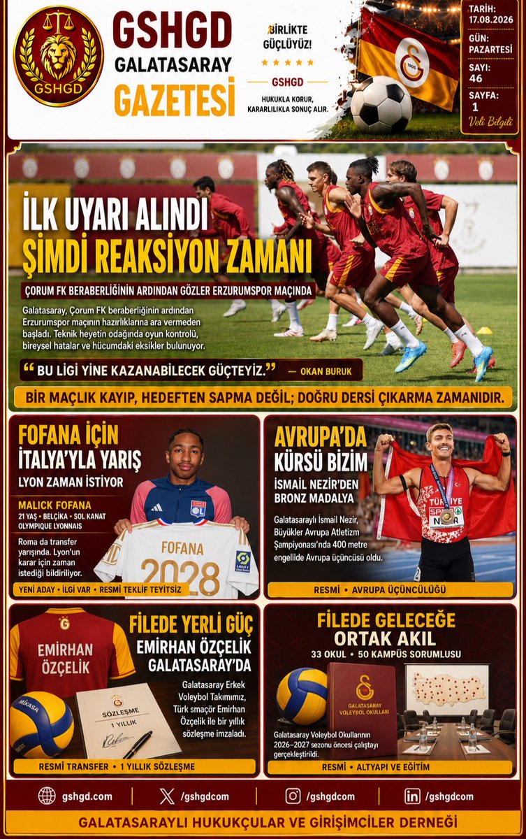 gshukukcularder's tweet photo. 📰 GSHGD GALATASARAY GAZETESİ | SAYI 46
İlk uyarı alındı, şimdi reaksiyon zamanı!
⚽ Fofana için transfer yarışı
🥉 İsmail Nezir’den Avrupa madalyası
🏐 Filede yerli güç ve geleceğe yatırım
Hedef büyük, mücadele hep birlikte! 💛❤️
#Galatasaray #GSHGD https://t.co/4rUew2oz9g