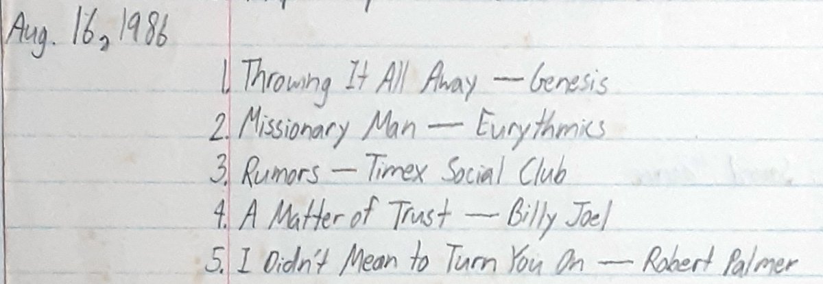 1980sTop5's tweet photo. August 16, 1986
1. Throwing It All Away - Genesis
2. Missionary Man - Eurythmics
3. Rumors - Timex Social Club
4. A Matter of Trust - Billy Joel
5. I Didn't Mean to Turn You On - Robert Palmer
#1980s #80smusic https://t.co/l2V7L3m2Ml