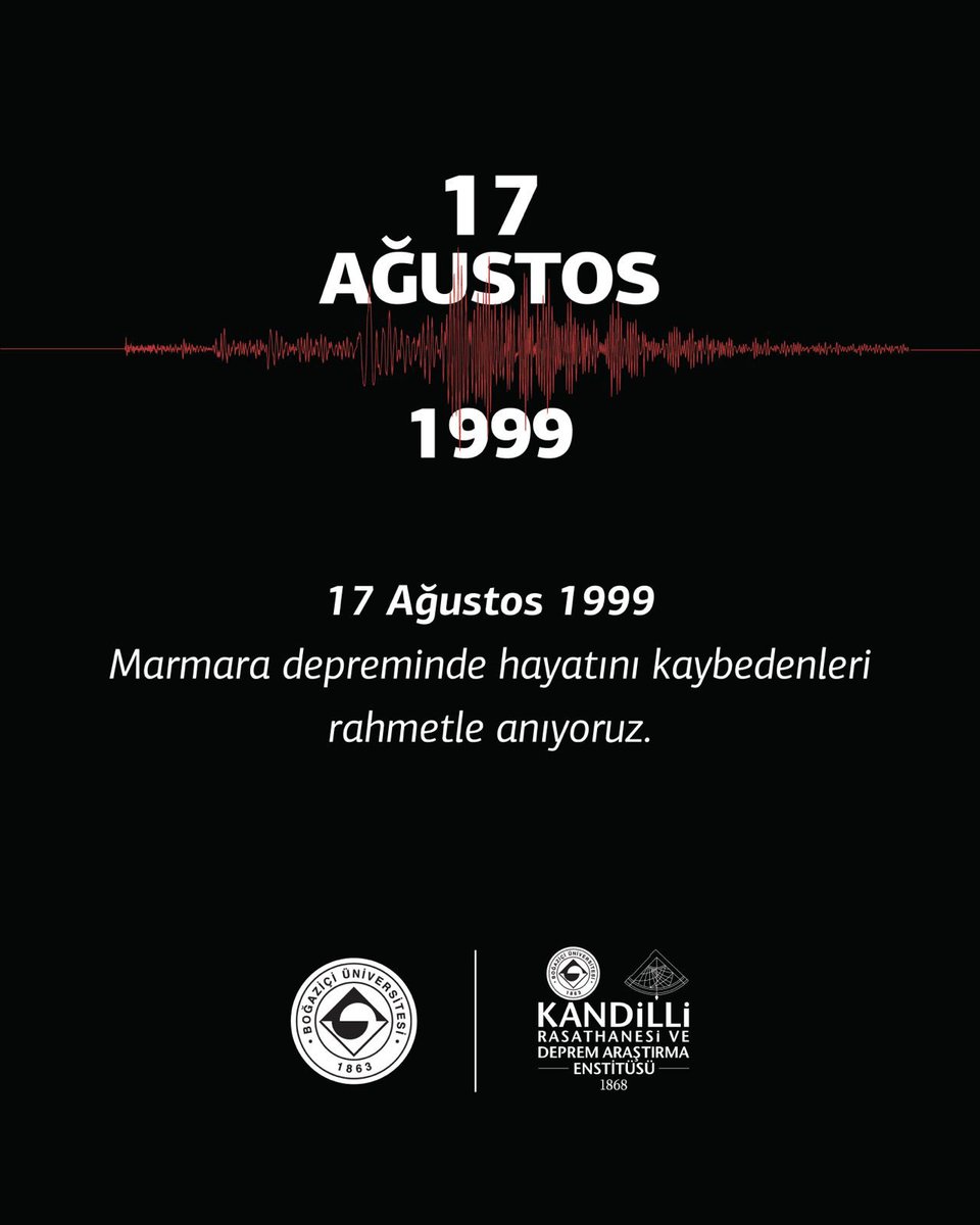 UniBogazici's tweet photo. 17 Ağustos 1999 Marmara Depremi'nde hayatını kaybedenleri rahmetle anıyor, böyle acıların bir daha yaşanmamasını diliyoruz.

-

We honor the memory of those who lost their lives in the 17 August 1999 Marmara Earthquake and hope that such tragedies will never happen again.

@Kandilli_info
