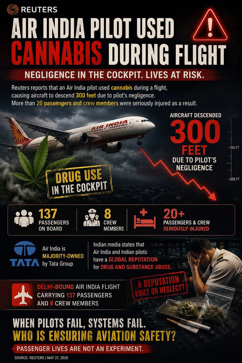 RiyaKulz's tweet photo. Reuters reports that an Air India pilot used cannabis during a flight, causing the aircraft to descend 300 feet due to negligence. More than 20 passengers and crew were seriously injured. The Delhi-bound flight was carrying 137 passengers and eight crew members. 😒😒😒 https://t.co/RJ7AKY055j