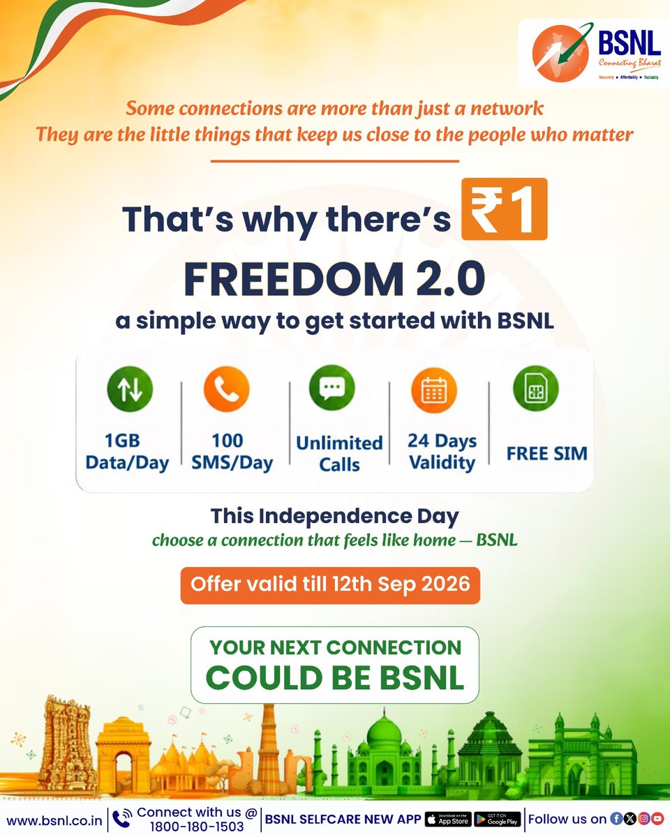 BSNLCorporate's tweet photo. What if your next connection could start with just ₹1?

Meet BSNL Freedom 2.0  made to keep you connected with the people and things that matter.

Maybe it’s time to make your next connection to BSNL.

#BSNLIndia #InternetForEveryone #DigitalLife #IndiaOnline #BSNLServices #SmartIndia #EverydayConnectivity #freedomplan @CMDBSNL @robertravi21