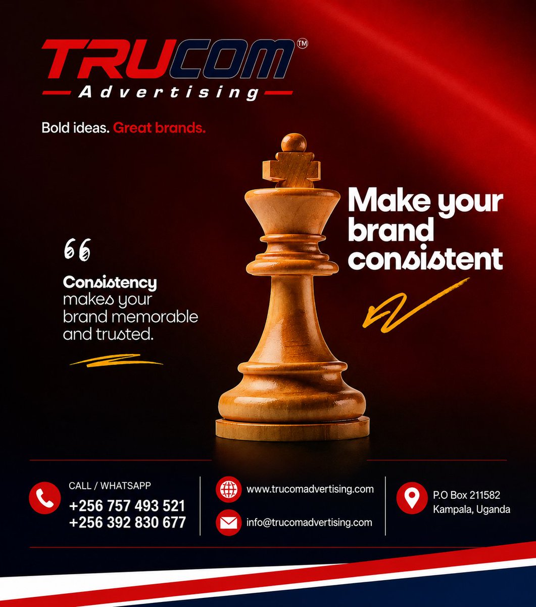 Trucom360's tweet photo. Consistency is the king of every great brand. 
Show up the same way, every time, everywhere  that's how brands become memorable and trusted.
We help you build that. 
📞 +256 757 493 521
https://t.co/kU29iAgKKz
#BoldIdeasBigBrands 
#Trucomadvertising https://t.co/oXLAPklI1N