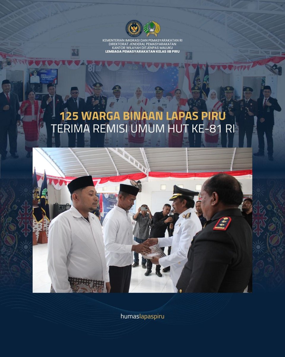 Humaslapaspiru's tweet photo. 125 Warga Binaan Lapas Piru Terima Remisi Umum HUT Ke-81 RI

Baca selengkapnya di :
https://t.co/4uWAhrLF53

#lapaspiru #kemenimipas #remisiumum17agustus https://t.co/KoFnbHUyfD