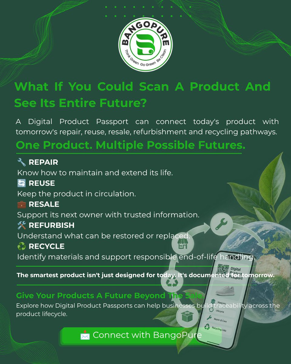 bangopure's tweet photo. What if one scan showed a product's future?
Repair. Reuse. Resale. Refurbishment. Recycling.
Digital Product Passports can help keep the product story moving.
#DPP #CircularEconomy #Traceability https://t.co/DUBephYmxB