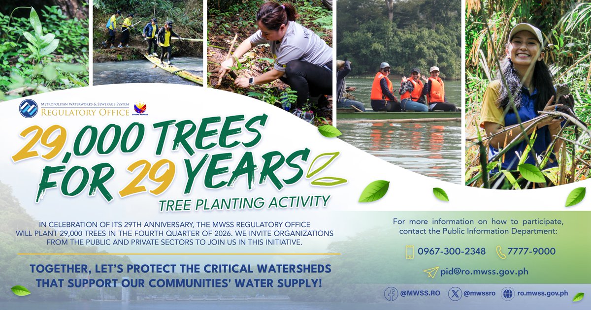 mwssro's tweet photo. We're planting 29,000 trees this year, and we'd love for you to be part of it! 🌱

📣The @mwssro  Regulatory Office (RO) invites public and private organizations to be part of "29K Trees for 29 Years," https://t.co/NXbeXW7omD