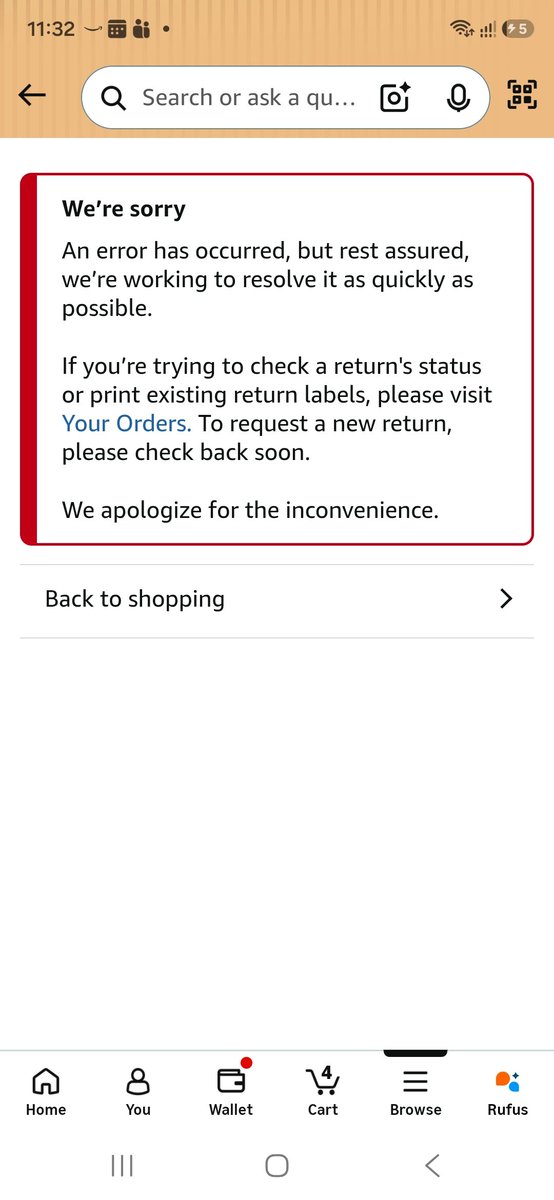 DipayanP's tweet photo. @amazonIN @amazon is there any issue in Amazon? Not able to raise return request.  Getting below error https://t.co/2TlGP6wgFd