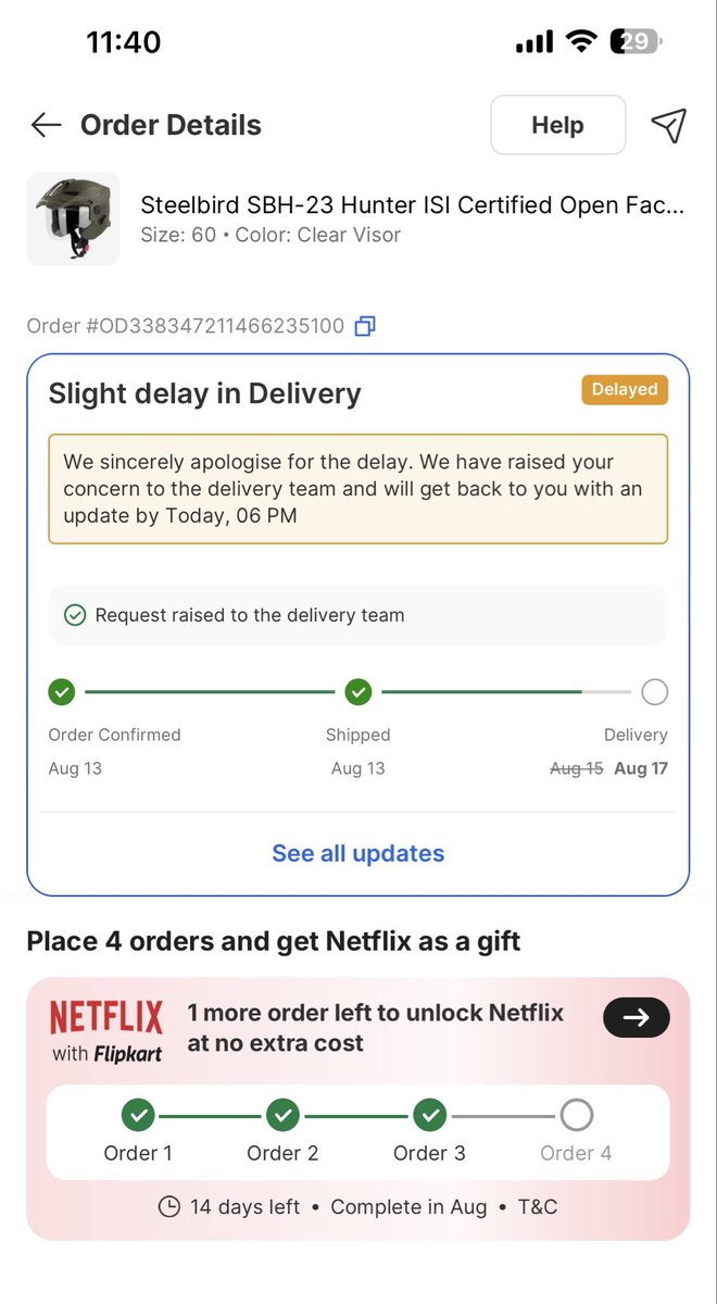 kumargpai's tweet photo. @flipkartsupport @Flipkart 
Dear team , my order no : OD338276796760675100 has not been delivered yet , it’s been more than 12 days now , no update yet . When I contacted the customer they said to cancel the order and reorder , new order also not delivered yet https://t.co/3twrzq4xvN