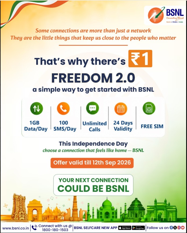 BSNL_HR's tweet photo. What if your next connection could start with just ₹1? Meet BSNL Freedom 2.0 made to keep you connected with the people and things that matter.
#BSNLIndia #InternetForEveryone #DigitalLife #IndiaOnline #BSNLServices #SmartIndia #freedomplan
@CMDBSNL @robertravi21 https://t.co/Pxjg2lbjta
