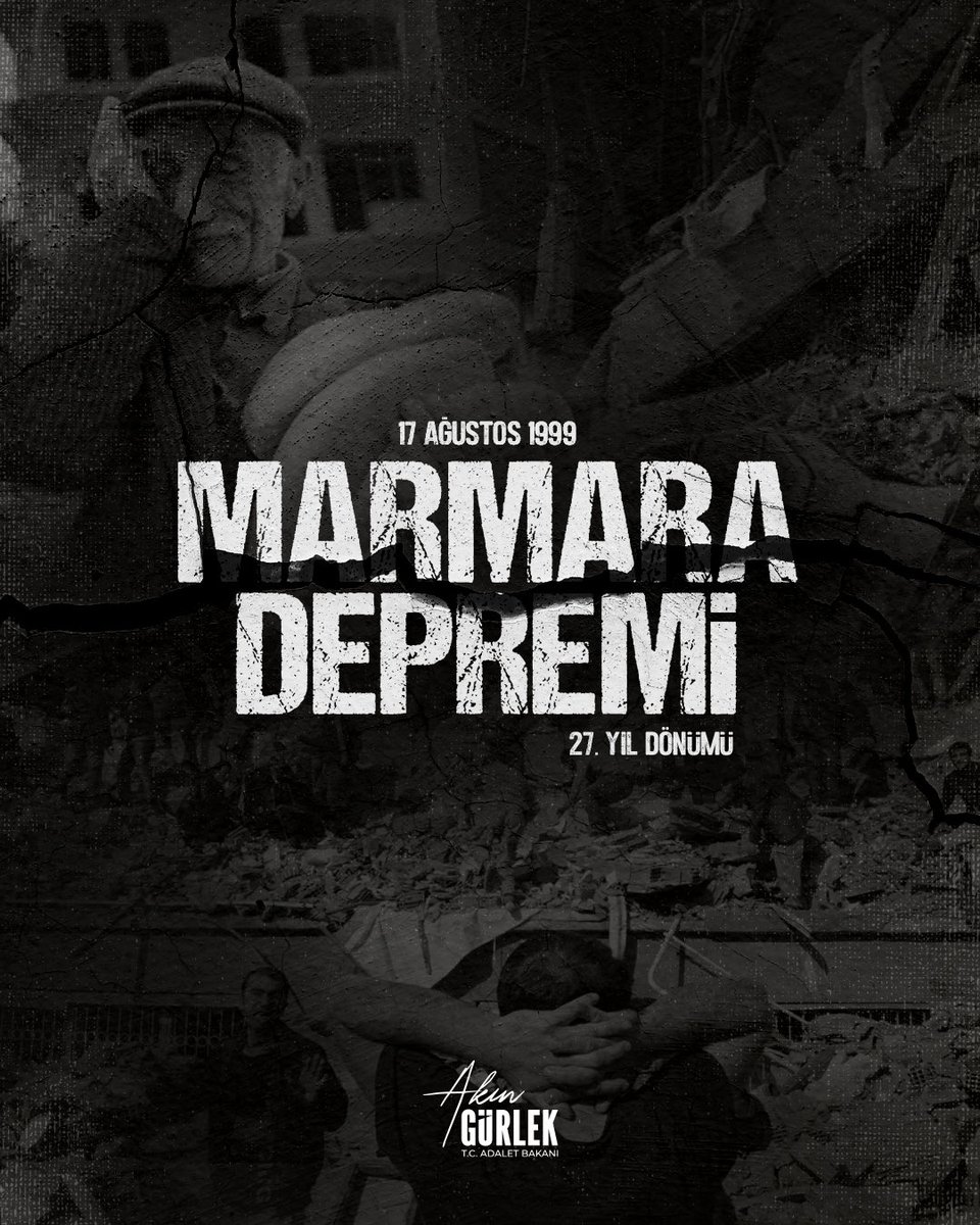 abakingurlek's tweet photo. 17 Ağustos 1999 Marmara Depremi’nin 27. yıl dönümünde, bu büyük felakette hayatını kaybeden vatandaşlarımızı rahmetle anıyor; ailelerine ve yakınlarına sabır, milletimize başsağlığı diliyorum.

Marmara Depremi, milletimizin hafızasında derin izler bırakan büyük bir acıdır. Kaybettiğimiz canların hatırasını yaşatmanın yolu, depreme karşı hazırlıklı olmak ve güvenli şehirler inşa etmekten geçmektedir.

Bu anlayışla; Cumhurbaşkanımız Sayın @RTerdogan’ın liderliğinde insan hayatını, kamu güvenliğini ve toplumsal dayanışmayı önceleyen politikaları kararlılıkla hayata geçirmeye, ülkemizi afetlere karşı daha dirençli kılmak için üzerimize düşen sorumluluğu yerine getirmeye devam ediyoruz.

Bu vesileyle, 17 Ağustos 1999’da hayatını kaybeden tüm vatandaşlarımızı bir kez daha rahmet ve saygıyla yâd ediyorum. Milletimizin başı sağ olsun.