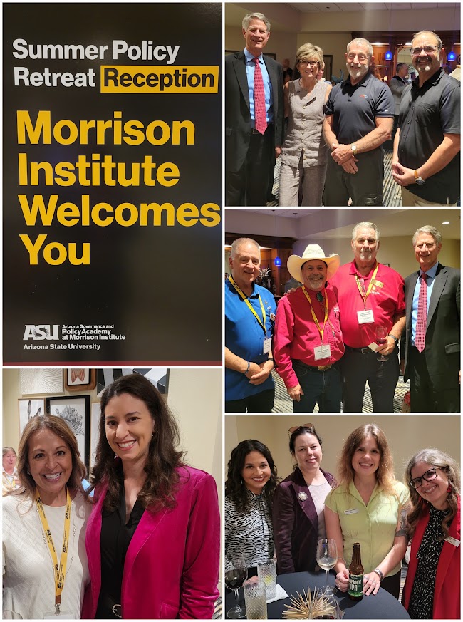 EVPLewis's tweet photo. With Arizona elected officials at the @MorrisonASU Summer Policy Retreat Reception; from #phxeastvalley @EVPartnership @CityofMesa @MesaDistrict4 @MesaDistrict1, @AJCityAZ Bryan Soller &amp; Darryl Cross, @TownofFlorence Tony Bencina and #MorrisonInstitute Ex.Dir Andrea Whitsett. https://t.co/rgq5ijDYUn