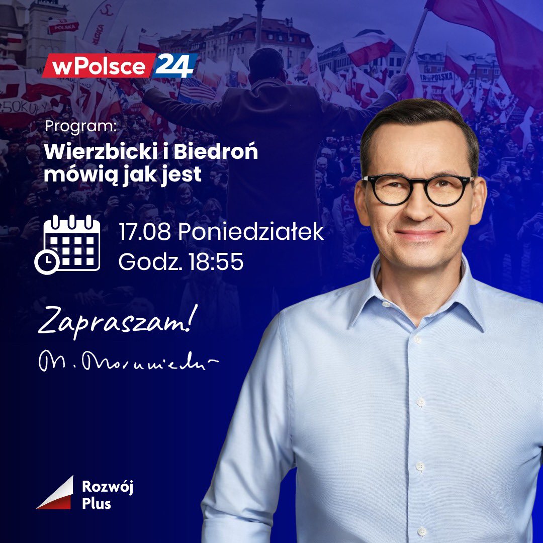 MorawieckiM's tweet photo. 📺 Serdecznie zapraszam już dziś do @wPolscepl! ⏰ O godz: 18:55 będę gościem Pani Redaktor @EmiliaPob. Do zobaczenia 🇵🇱👋🏻 https://t.co/actmojIZ6K