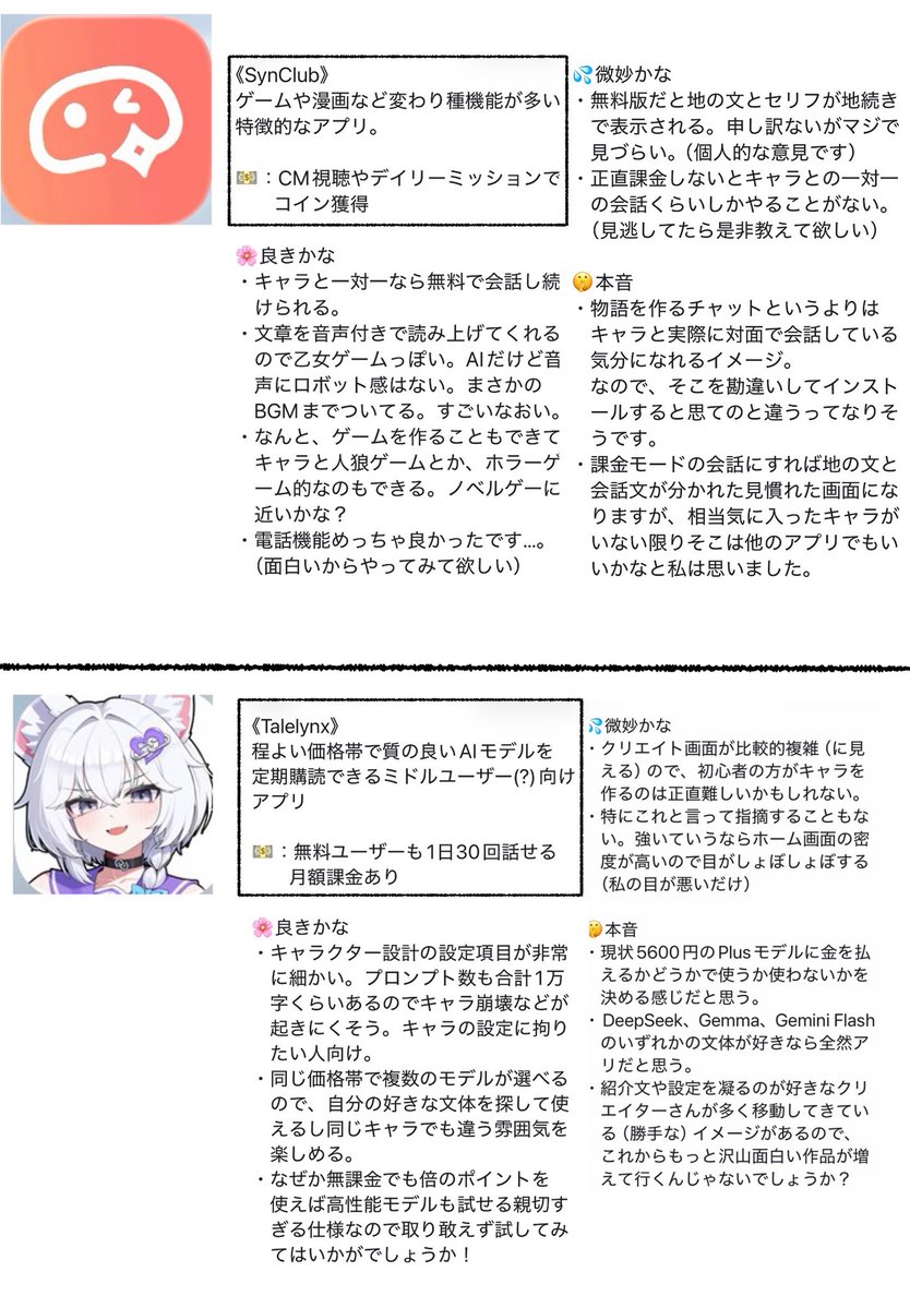 moliponpon's tweet photo. まさかの第二弾‼️
《AIチャットアプリ紹介》

私の中のオススメアプリだけ載せてます。zetaと掛け持ちか引越し先にどうでしょう

辛口評価ですが批判してるわけではないので悪しからず
あくまで私の"個人的"な感想だということを前提に読んでください
#AIチャット
#zeta 

他アプリはリプに続く↓ https://t.co/hClmlyD9fo