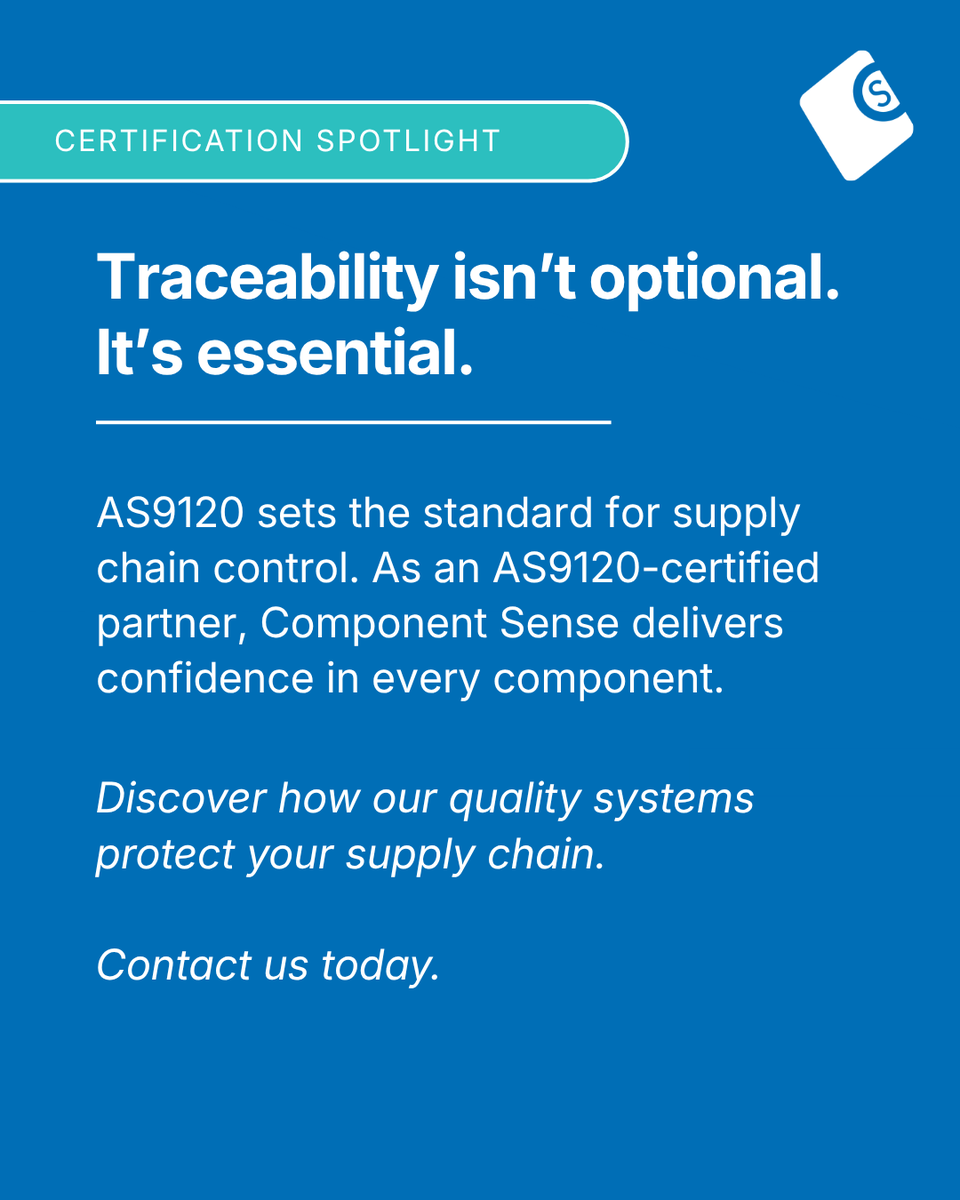 ComponentSense's tweet photo. If you can’t prove where a component came from, you can’t trust it. 

AS9120 exists to stop counterfeit risk in safety-critical supply chains, enforcing rigorous traceability and conformity. 

It’s how we protect every component we supply:🔗 https://t.co/P8uANgcrMY 

#AS9120 https://t.co/uYHPQ8nuiN