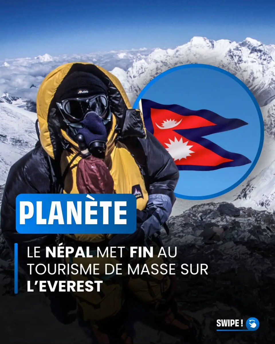 Pascal_Laurent_'s tweet photo. 🇳🇵 EH BIEN VOILÀ, COMME QUOI JE NE SUIS PAS LE SEUL À Y AVOIR PENSÉ.
Le Népal a décidé de mettre fin au tourisme de masse sur le Mont Everest. Une nouvelle loi entrant en vigueur cette année vise à protéger cette montagne appelée aussi la "plus haute décharge du monde". Désormais, seuls les alpinistes expérimentés pourront tenter l'ascension, avoir gravi un sommet de 7'000 mètres devient un prérequis. De plus, toute personne tentant l'ascension devra redescendre avec au moins 8kg de déchets. Les sanctions seront lourdes pour ceux qui ne respecteraient pas ces règles. Ces mesures visent également à protéger les guides et Sherpas qui pourront compenser leur manque à gagner en travaillant pour un fond destiné au nettoyage et au maintien du site.