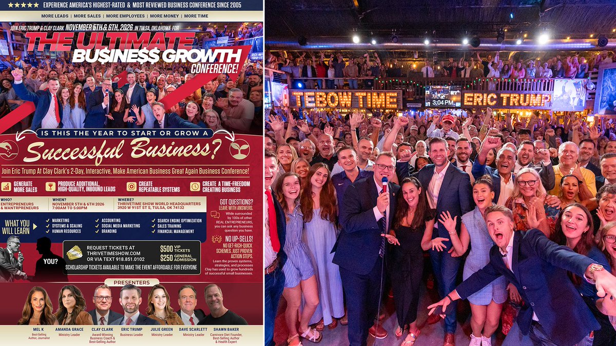 TheClayClark's tweet photo. Business Conference | Join Eric Trump, Julie Green, Mel K, Dave Scarlett, Amanda Grace, Doctor Shawn Baker & Team America At Clay Clark's Nov 5-6 https://t.co/7Sh7Ig581U Business Conf. In Tulsa (Learn Marketing, Finance, Etc.)

**Learn More & Request Tickets to the November 5th & 6th 2026 https://t.co/7Sh7Ig581U Business Conference Today At:
https://t.co/Nfd07jXvhl or Via Text At: 918-851-0102

What Is Clay Clark's https://t.co/7Sh7Ig581U 2-Day Interactive Business Workshop? Learn More At: https://t.co/meOTjbBVzN
Since 2005 Clay Clark has helped thousands of entrepreneurs to start and grow successful businesses! Learn more:
https://t.co/tAg7USblN5
https://t.co/qby1nh5jbT
Who Is Clay Clark? https://t.co/p6wDGNBGYv
Want to Start or Grow a Successful Business? Download All 30+ Clay Clark Books for FREE Today At: https://t.co/gtEVEUEjie
What Is Clay Clark's https://t.co/7Sh7Ig581U 2-Day Interactive Business Workshop?
Since 2005 Clay Clark has helped thousands of entrepreneurs to start and grow successful businesses! Learn more:
https://t.co/tAg7USblN5
Want to Start or Grow a Successful Business?
Download All 30+ Clay Clark Books for FREE Today At: https://t.co/gtEVEUEjie
**Request TICKETS Today At:
https://t.co/Nfd07jXvhl or Via Text At: 918-851-0102
Want to Grow a Sustainably Successful Business?
Step 1 - Establish Your Revenue Goals
Step 2 - Determine Your Break-Even Numbers
Step 3 - Define the Number of Hours Per Week You Are Willing to Work
Step 4 - Define Your Unique Value Proposition
Step 5 - Improve Branding
Step 6 - Create 3-Legged Marketing Stool & a Powerful No-Brainer
Step 7 - Create a Sales Conversion System
Step 8 - Determine Sustainable Customer Acquisition Costs
Step 9 - Create Repeatable Systems, Processes & File Organization
Step 10 - Create Management Execution Systems
Step 11 - Create a Sustainable & Repetitive Weekly Schedule
Step 12 - Create Human Resources & Recruitment Systems
Step 13 - Create Accounting & Automate Earning Millions
Step 14 - Determine the Point of Achieving Financial Success

Why 96 Percent of Businesses Fail Within 10 Years - READ - https://t.co/ZmCn5a0FcQ