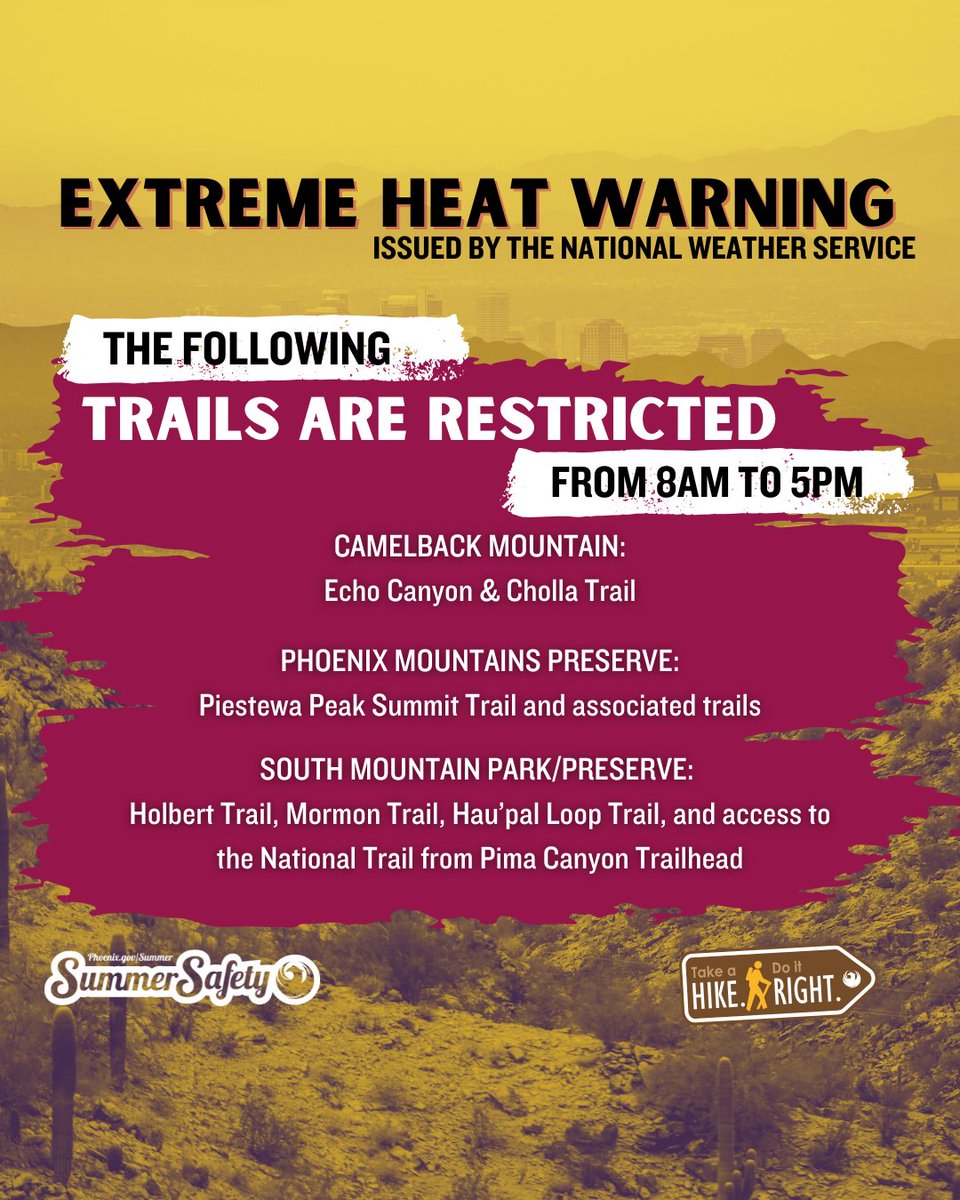 PhoenixParks's tweet photo. EXTREME HEAT WARNING IN EFFECT AUGUST 17-20 🔥 For public safety, Camelback Mountain &amp; Piestewa Peak trails &amp; select trails at South Mountain Park and Preserve will be RESTRICTED from 8 a.m. to 5 p.m. MORE INFO: https://t.co/OwIJ9LdNx2 🔗 https://t.co/BSLhc8CyA4