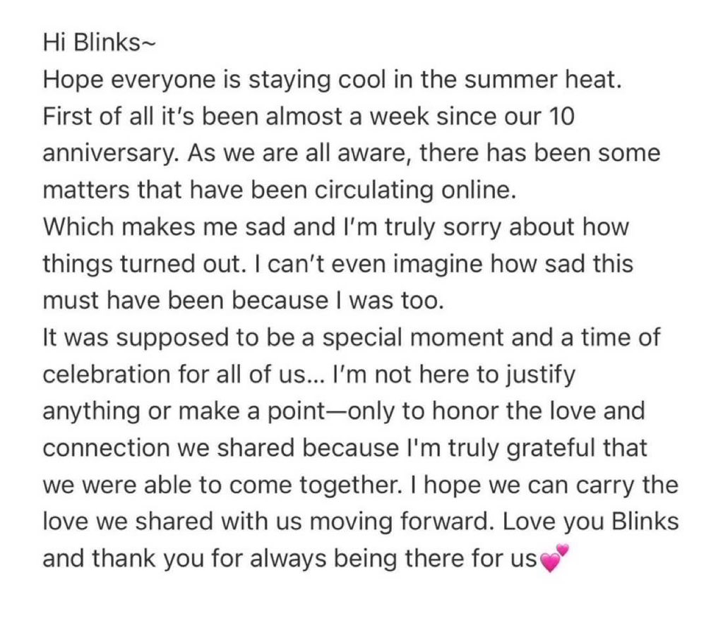 BBU_BLACKPINK's tweet photo. #BLACKPINK members message to #BLINKS for the 10th Anniversary 🤍 https://t.co/RBzyIBu7CQ