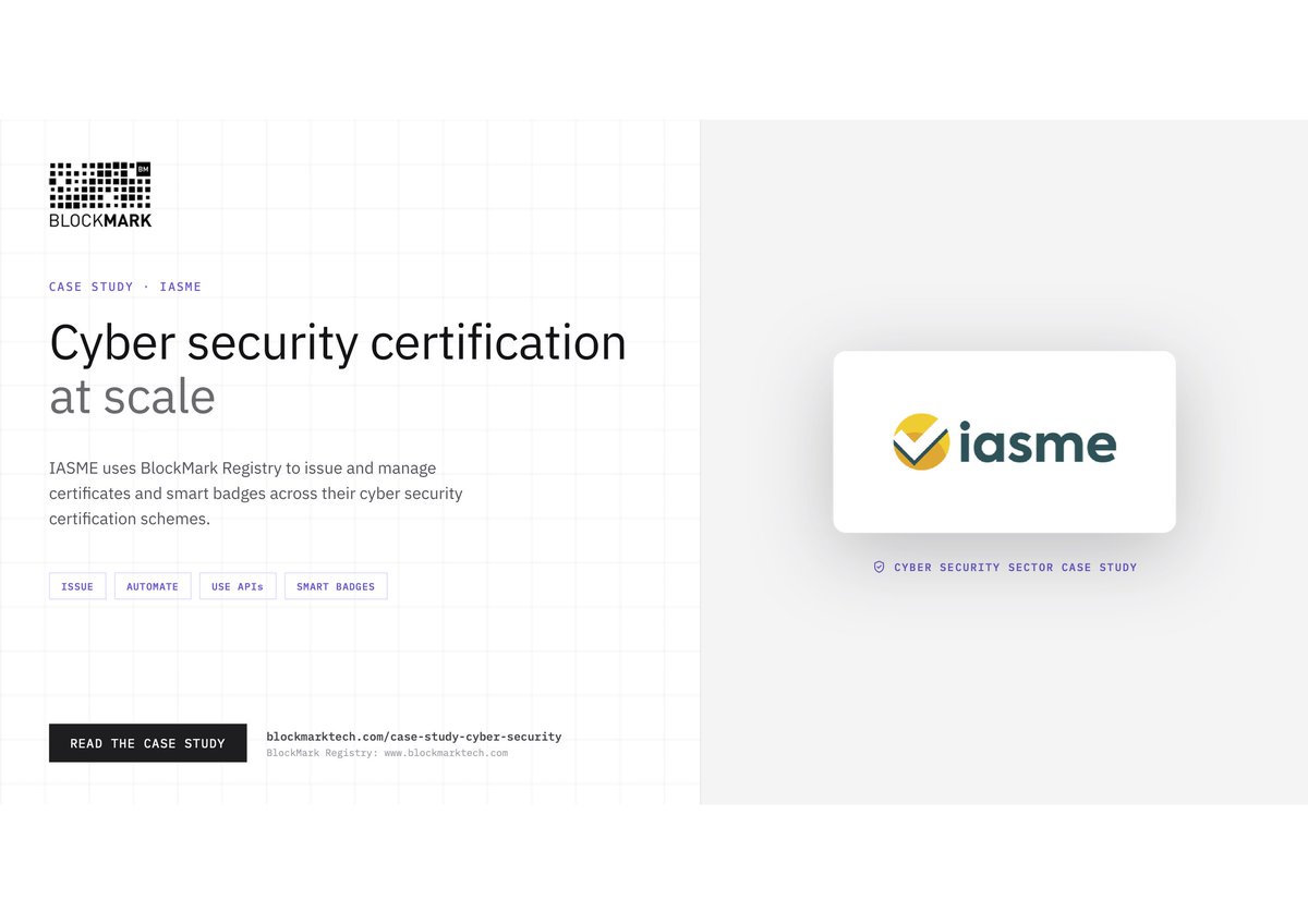 BlockMarkTech's tweet photo. Read how @IASME1 use BlockMark Registry to issue and manage cyber security #certificates at scale, including the well-known Cyber Essentials certificates and badges. https://t.co/q0S7zYL7Lj https://t.co/j39GYtE1gH